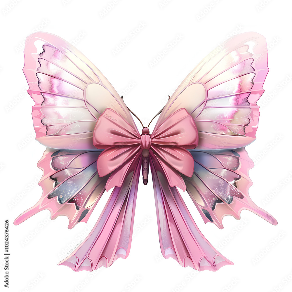 A pink bow with butterfly wings, cute cartoon style, white background, watercolor A pink bow with butterfly wings, cute cartoon style, white background, watercolor