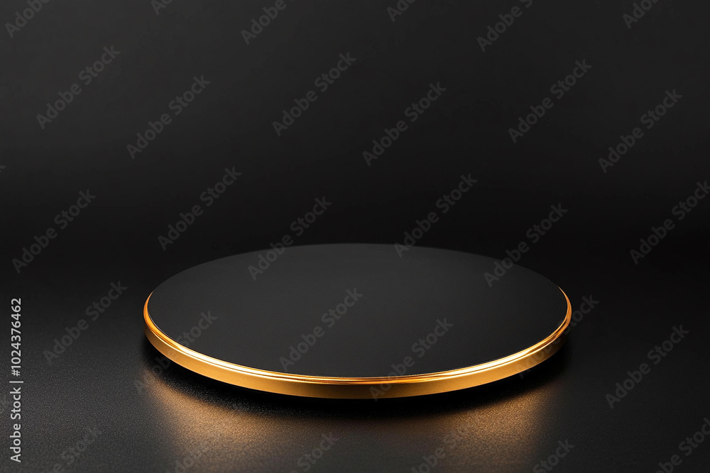Podium with gold trim in dark room. Suitable for product display. Podium with gold trim in dark room. Suitable for product display.