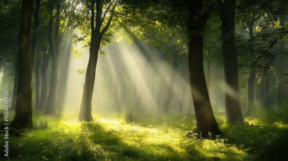 Fototapeta premium Serene Sunlit Forest with Lush Greenery