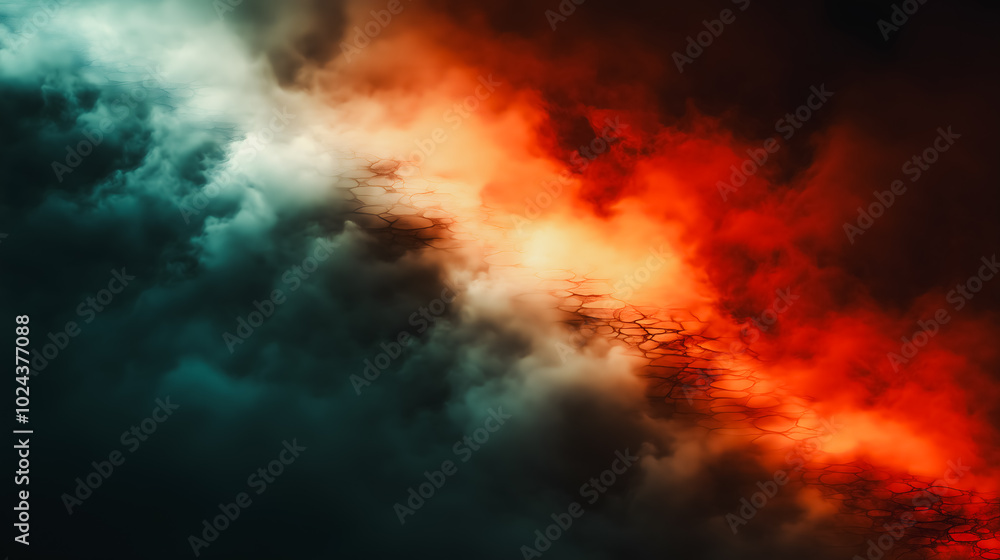 The sky is dark and filled with smoke, with a red and blue line cutting through the middle. The red and blue line stands out against the dark sky, creating a sense of contrast and tension The sky is dark and filled with smoke, with a red and blue line cutting through the middle. The red and blue line stands out against the dark sky, creating a sense of contrast and tension