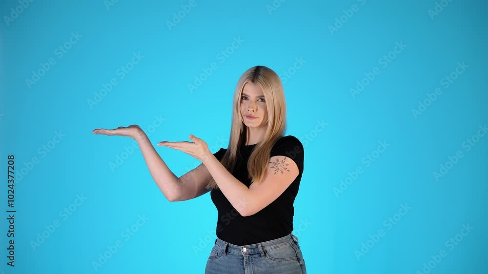 Pretty Blonde Woman Pointing With Hands and Fingers, Presentation Gesture, Studio Shot Pretty Blonde Woman Pointing With Hands and Fingers, Presentation Gesture, Studio Shot