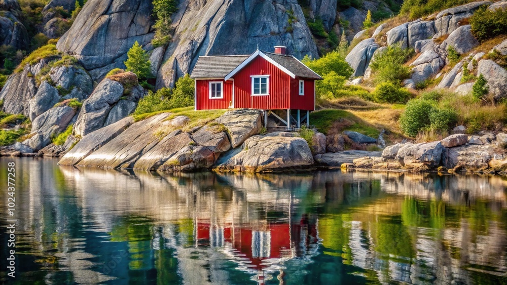 Fototapeta premium Symmetrical red summer cottage among rocks by fjord
