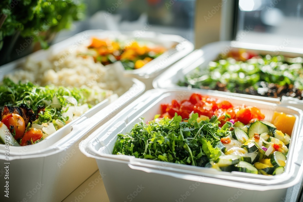 Several takeout boxes filled with fresh, colorful meals, including salads, rice dishes Several takeout boxes filled with fresh, colorful meals, including salads, rice dishes