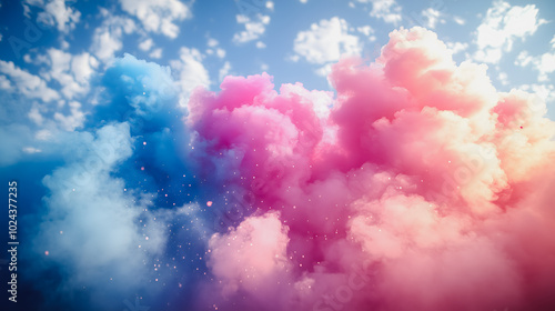 A colorful cloud of smoke with pink, blue, and purple hues. The smoke is scattered throughout the sky, creating a sense of movement and energy. The colors of the smoke seem to be dancing and swirling