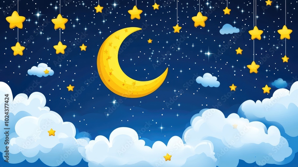 Naklejka premium Starry Night Sky with Crescent Moon and Stars