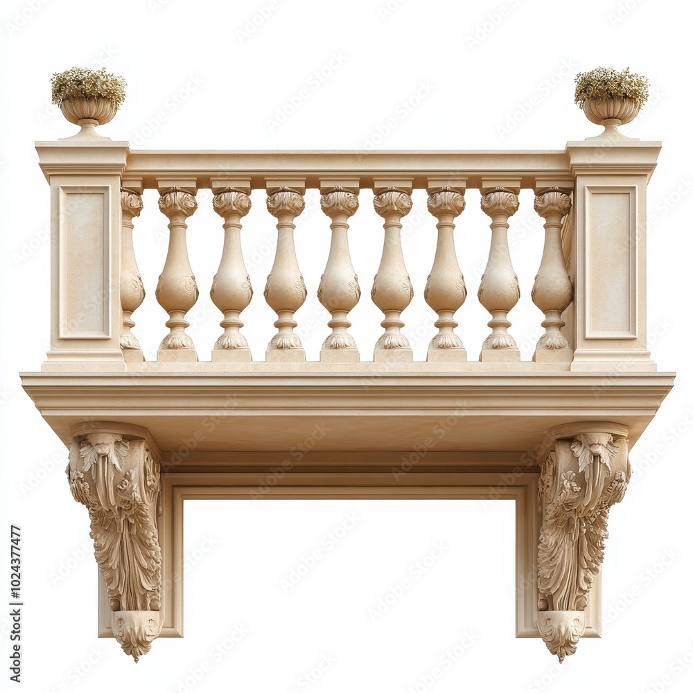Fototapeta premium A decorative balcony railing with ornate details and planters.