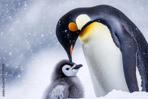 A touching moment in nature. An emperor penguin cares for its chick in a snowy landscape. This beautiful scene captures love and family in wildlife. Generative AI photo