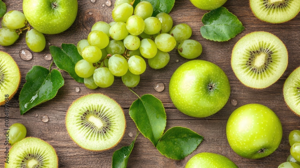 Fototapeta premium Fresh Assortment of Green Fruits on Wooden Surface