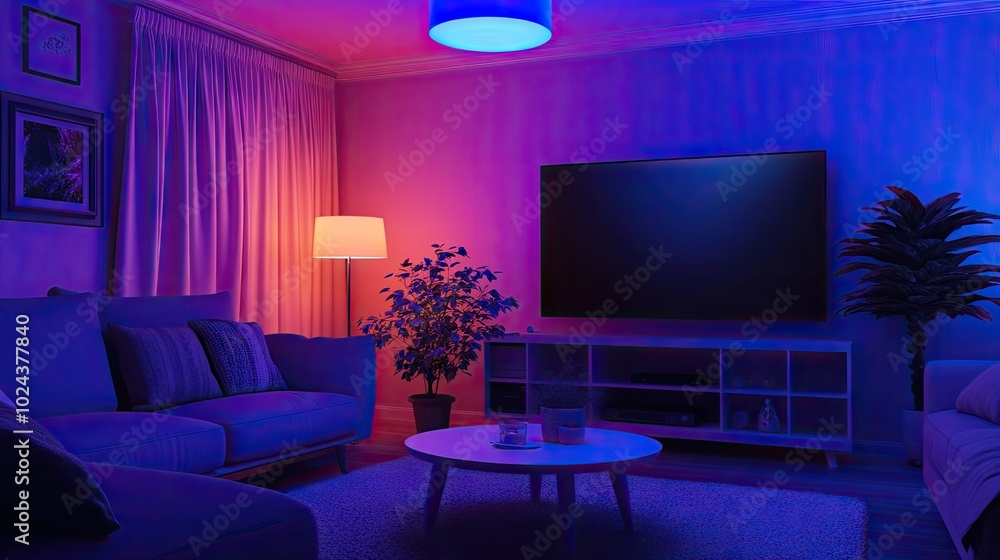 A modern living room transformed into a home cinema, with cozy seating, a large screen, and atmospheric colored LED lights illuminating the space. A modern living room transformed into a home cinema, with cozy seating, a large screen, and atmospheric colored LED lights illuminating the space.