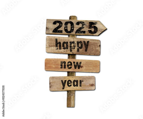 2025 engraved on a ring of an old key isolated on white background