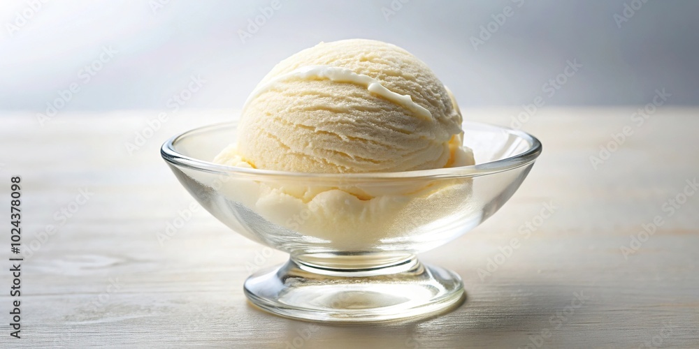 Symmetrical scoop of vanilla ice cream in glass dish Symmetrical scoop of vanilla ice cream in glass dish