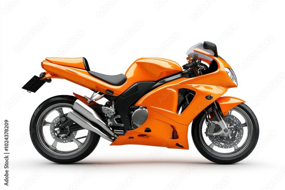 Side view of orange sport bike looks to the right isolated on white background