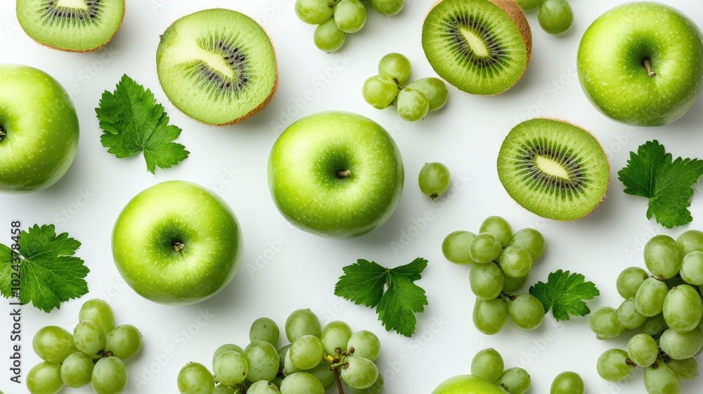 Fototapeta premium Fresh Green Apples and Kiwi on White Background