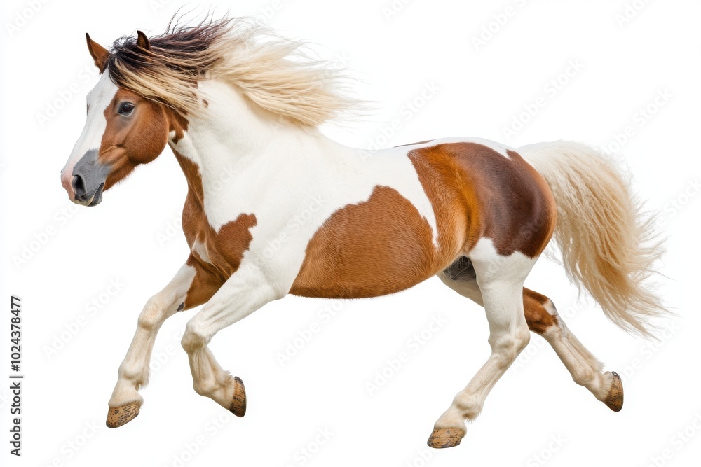 Naklejka premium Skewbald pony galloping isolated on white