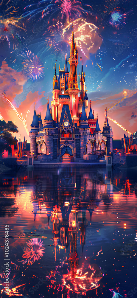 Obraz premium Castle, fireworks in the night sky above it, reflecting on the water, a symmetrical composition, the grandeur of scale, meticulous details, colorful lights, gorgeous and mysterious