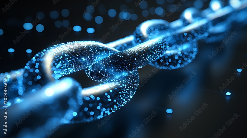 A silver chain with blue glowing particles representing data, connection, security, and strength. A silver chain with blue glowing particles representing data, connection, security, and strength.