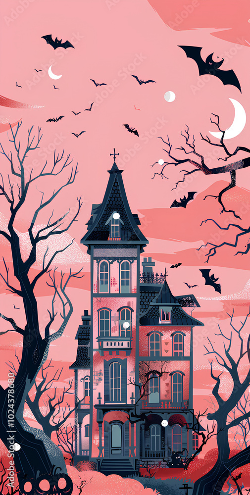 Halloween-themed haunted house with a pastel pink background,gothic