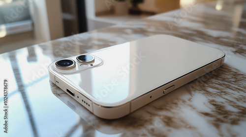 A white Phone is laying on a marble countertop. The phone is turned off and has a silver case photo