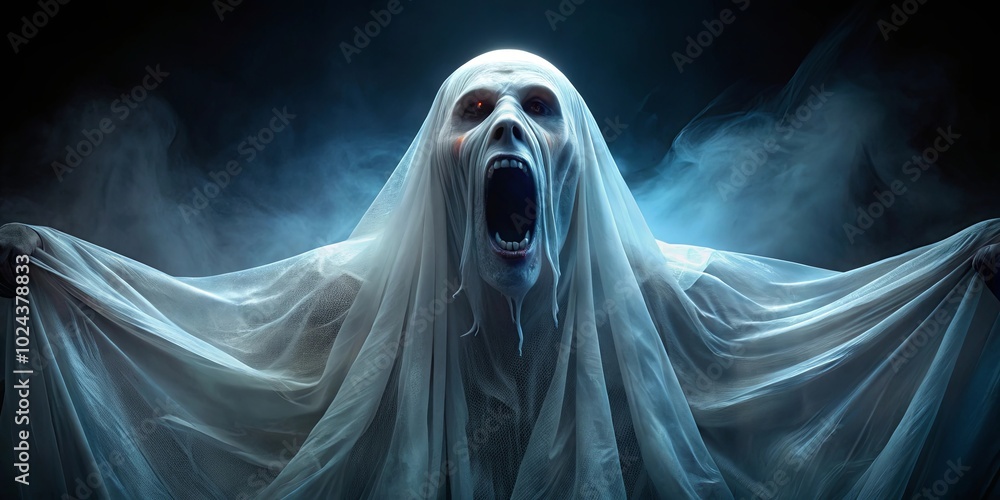 A ghostly figure emerges from the shadows, its face contorted in a silent scream, its white shroud billowing like a phantom's embrace. A ghostly figure emerges from the shadows, its face contorted in a silent scream, its white shroud billowing like a phantom's embrace.