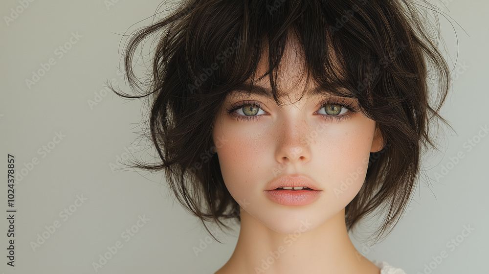 A woman with short hair and a messy look. She has a light brown eye shadow and a pink lip color A woman with short hair and a messy look. She has a light brown eye shadow and a pink lip color