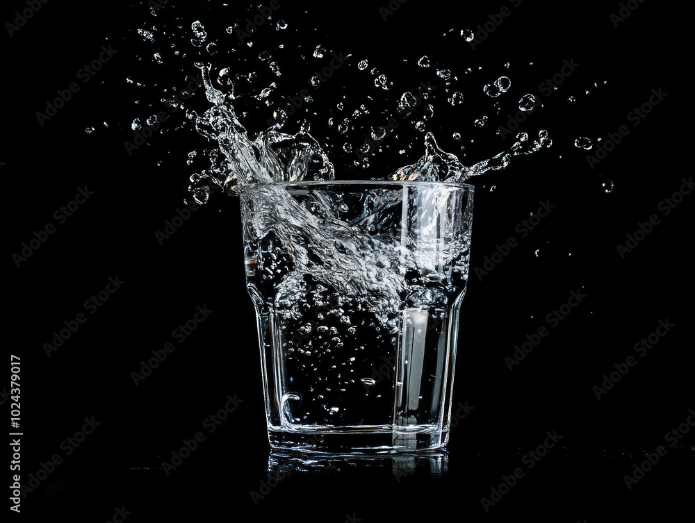 dramatic water splash in glass on black background, showcasing high-speed photography dramatic water splash in glass on black background, showcasing high-speed photography