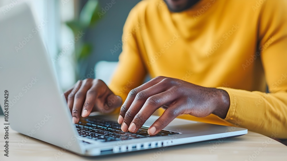 Fototapeta premium Close up view of hands typing on laptop keyboard during a virtual video conference or online meeting in a minimalist contemporary office setting with glass desk simple background and natural lighting