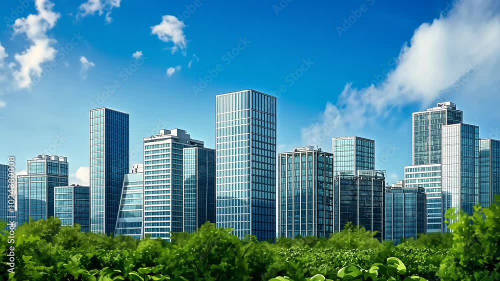 A modern city skyline with glass buildings against a clear blue sky and lush greenery. A modern city skyline with glass buildings against a clear blue sky and lush greenery.