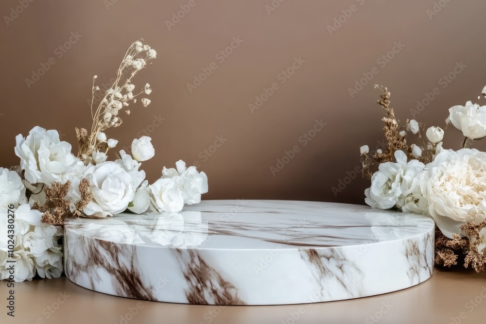 A round marble podium surrounded by floral arrangements enhances any presentation A round marble podium surrounded by floral arrangements enhances any presentation