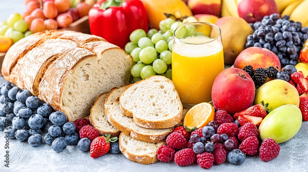 A variety of fruits and bread arranged on a table with a glass of orange juice. A variety of fruits and bread arranged on a table with a glass of orange juice.