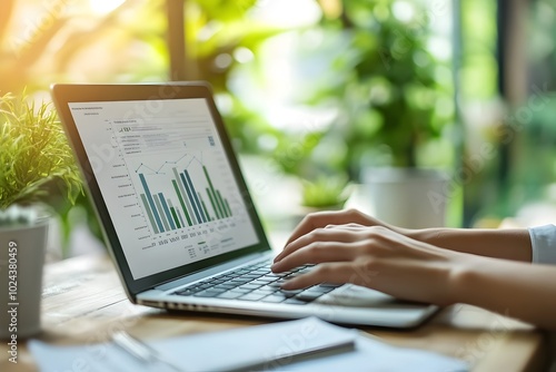 Laptop Display Showing Carbon Footprint Reduction Data for Sustainable Business Practices