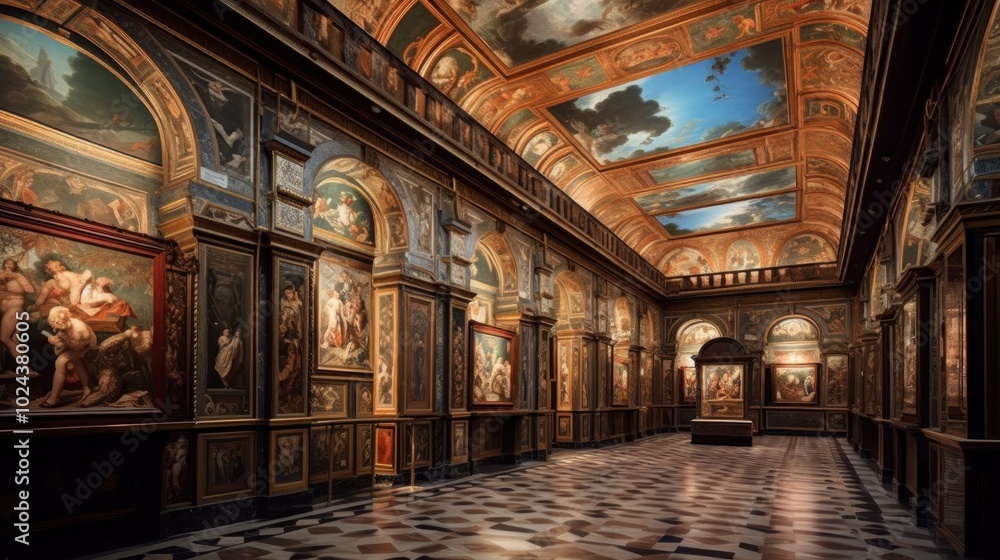 Obraz premium Ornate Gallery Interior with Paintings