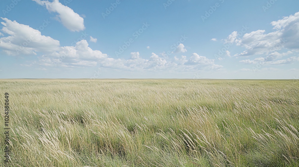 Obraz premium A vast, open field of tall grass swaying gently in the wind under a blue sky with fluffy clouds.