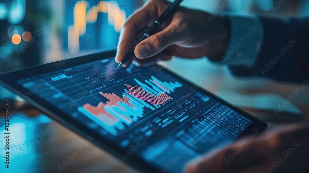 Businessman Analyzing Financial Data on Tablet Businessman Analyzing Financial Data on Tablet