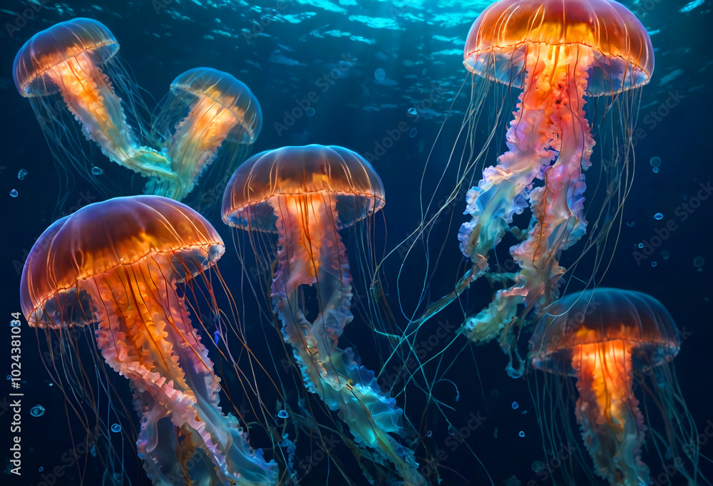 Beautiful jellyfish deep in the ocean. Generative AI Beautiful jellyfish deep in the ocean. Generative AI