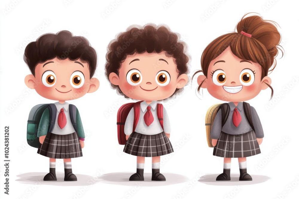Three cartoon schoolchildren standing side by side, smiling happily. Each child has a different Three cartoon schoolchildren standing side by side, smiling happily. Each child has a different