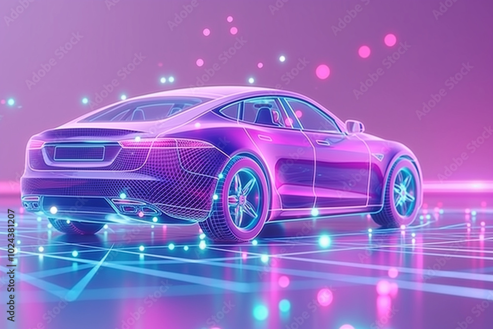 Neon Glowing Modern Car in Futuristic Environment Neon Glowing Modern Car in Futuristic Environment