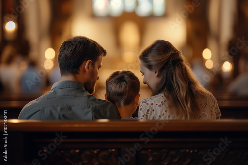 A family of three sits together in a church pew