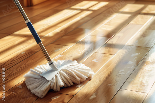 A mop is being used to clean a wooden floor