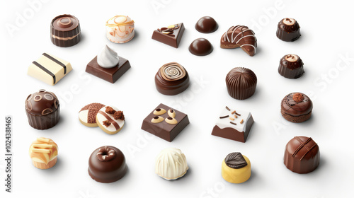 Delight in assortment of exquisite chocolates, featuring various shapes, textures, and flavors. Each piece is tempting treat, perfect for any chocolate lover