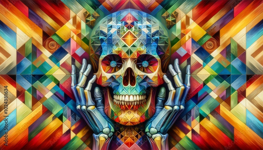Fototapeta premium Illustration of a skull with a geometric design, full of vibrant colors.