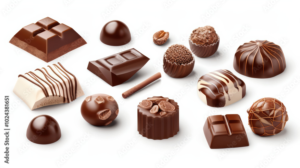 Indulge in delightful assortment of chocolates, featuring various shapes and textures, from smooth truffles to rich bars, perfect for any chocolate lover Indulge in delightful assortment of chocolates, featuring various shapes and textures, from smooth truffles to rich bars, perfect for any chocolate lover