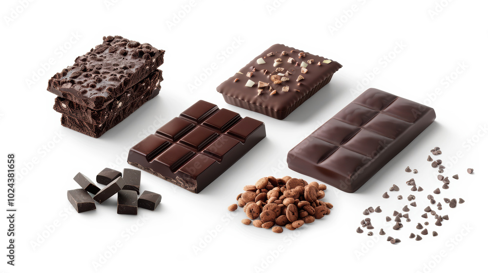 Delicious assortment of dark chocolate bars and cocoa nibs, showcasing various textures and flavors. Perfect for chocolate lovers and dessert enthusiasts Delicious assortment of dark chocolate bars and cocoa nibs, showcasing various textures and flavors. Perfect for chocolate lovers and dessert enthusiasts