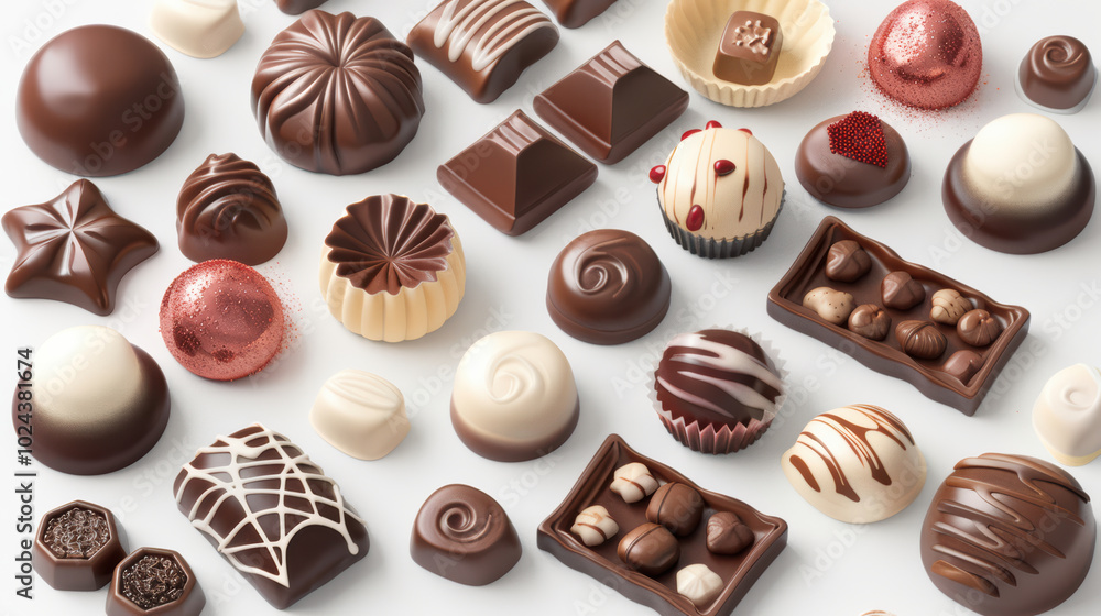 Delight in assortment of exquisite chocolates, featuring various shapes and textures, from smooth truffles to elegant pralines, perfect for any sweet tooth Delight in assortment of exquisite chocolates, featuring various shapes and textures, from smooth truffles to elegant pralines, perfect for any sweet tooth