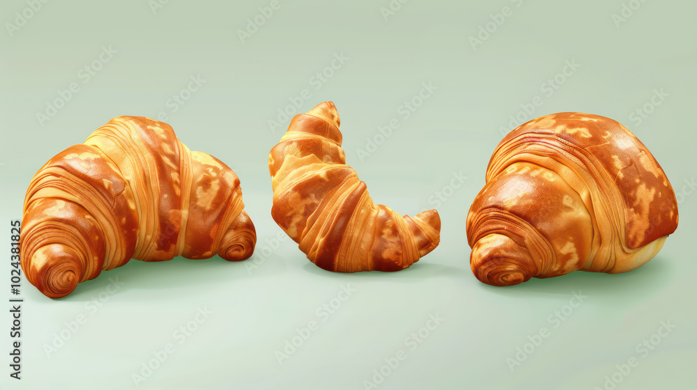 Delicious croissants displayed in various angles, showcasing their flaky layers and golden brown crust. Perfect for breakfast or delightful snack Delicious croissants displayed in various angles, showcasing their flaky layers and golden brown crust. Perfect for breakfast or delightful snack