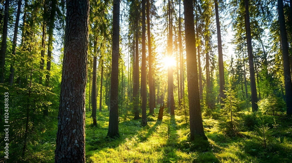 Obraz premium Enchanting sunlit forest landscape with lush vibrant foliage and a serene atmospheric ambiance Rays of warm sunlight break through the dense verdant canopy creating a magical