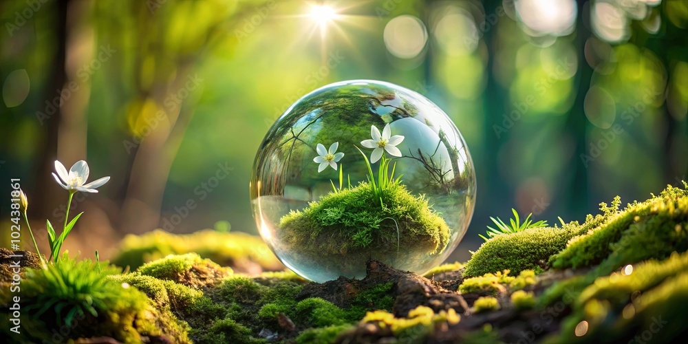 A Crystal Sphere Encapsulating the Delicate Beauty of a Mossy Knoll and Blooming Flowers in a Sun-Drenched Forest A Crystal Sphere Encapsulating the Delicate Beauty of a Mossy Knoll and Blooming Flowers in a Sun-Drenched Forest