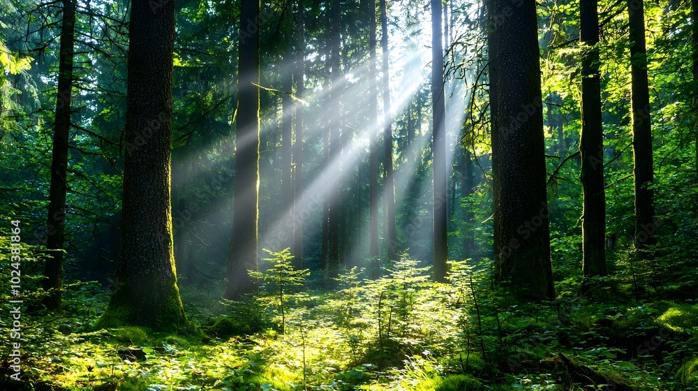 Fototapeta premium Breathtaking sunlit dense forest landscape with lush green foliage dappled sunbeams and a tranquil serene atmosphere Ideal backdrop for nature ecology and outdoor adventure concepts