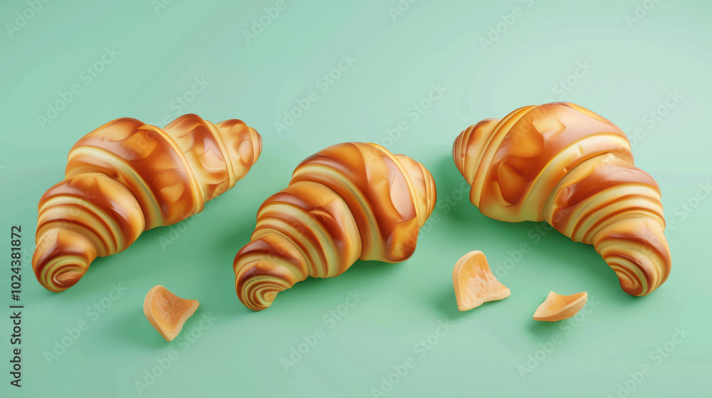 Delicious croissants with glossy finish are arranged on soft green background, showcasing their swirled layers and inviting texture. scene is completed with scattered pastry crumbs, enhancing Delicious croissants with glossy finish are arranged on soft green background, showcasing their swirled layers and inviting texture. scene is completed with scattered pastry crumbs, enhancing