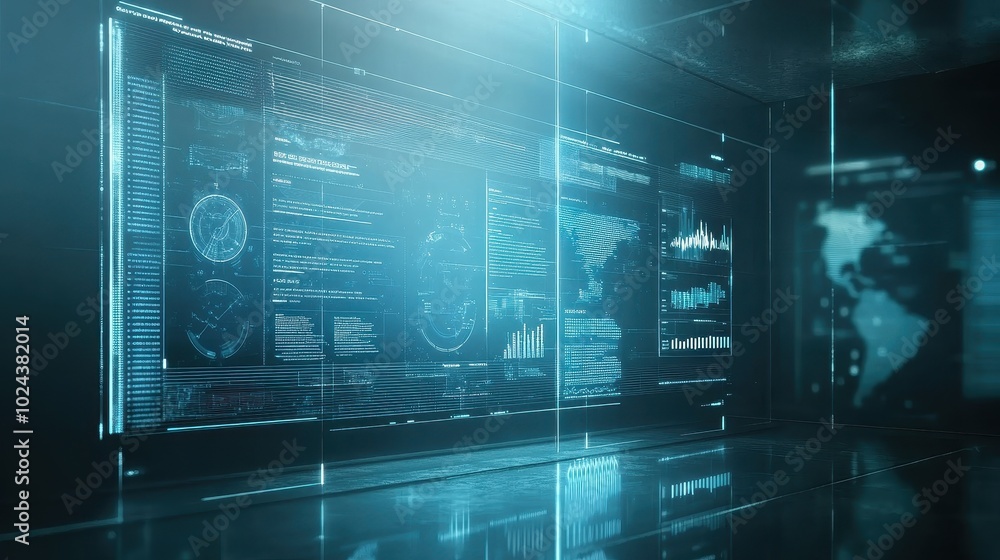 Futuristic Digital Data Control Room with Holographic Screens Futuristic Digital Data Control Room with Holographic Screens