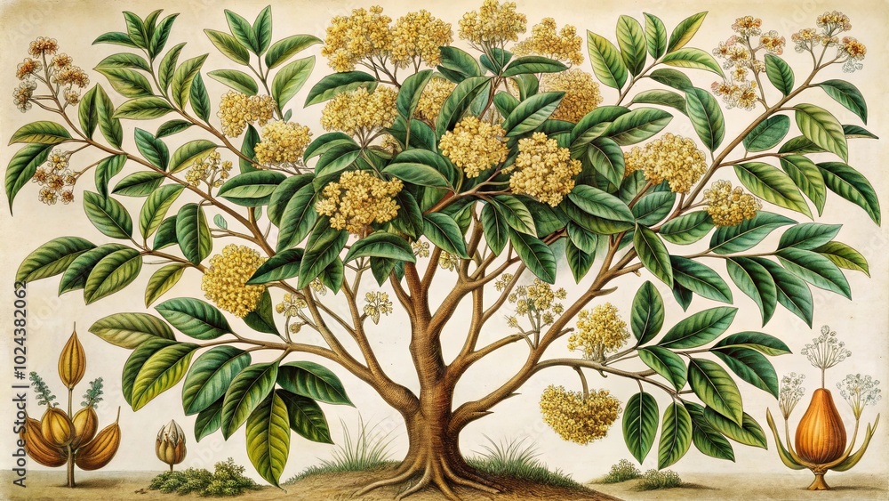 Obraz premium A botanical illustration depicting a flowering tree with intricate details of leaves, branches, and blossoms.